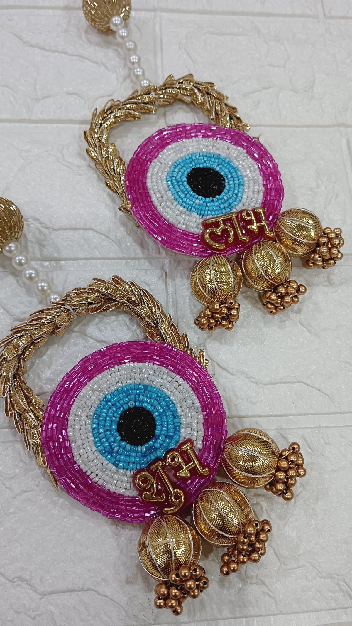 Nutts Handmade Evil Eye Hanging | Traditional Decorative Moti Chudi Florel Evil Eye Hanging for Main Door (Pack of 2 (Pink))