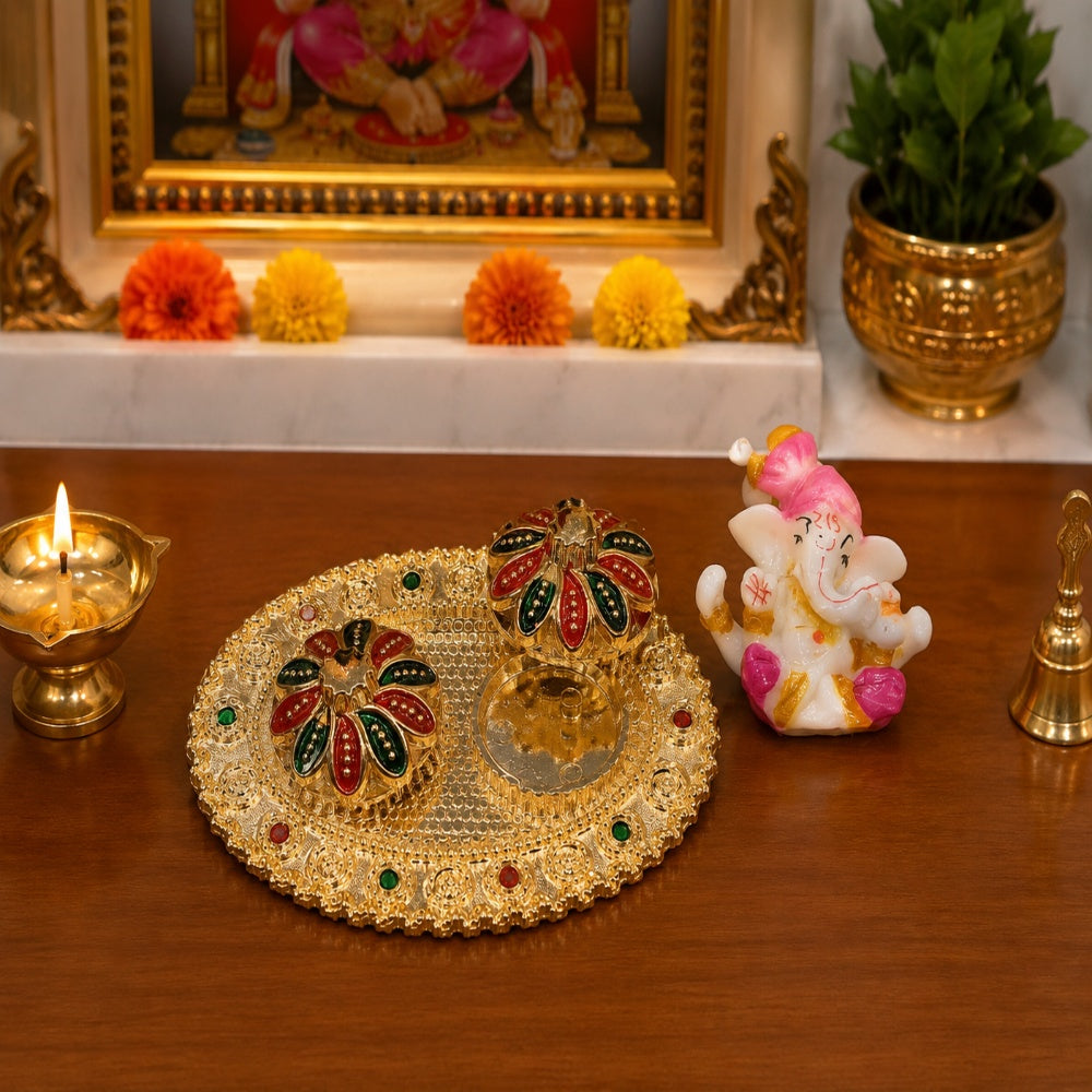 Nutts Decorative Pooja Thali Haldi Kumkum Chandhan Holder Plate Gifts With Small Lord Set for Home & Office Decoration & Gifting (Ganesh Ji Oval) (PoojaP40-2)