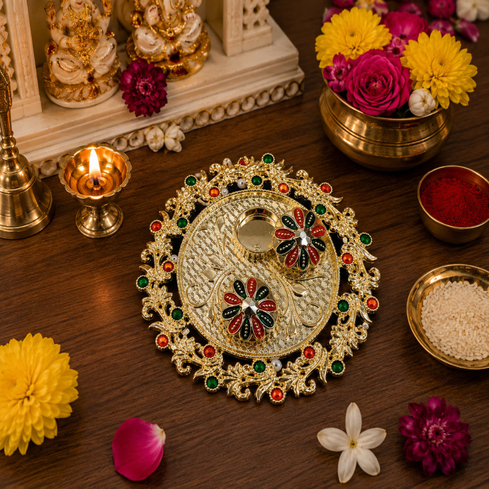 (Combo of 1 Pc Round Tilak Plater & Kanha Ji) Traditional Pooja Thali, Diwali Decoration Sindoor Dibbi for Rakhi Rakshabandhan, Tilak with Kumkum,Haldi Holder Uniqe Decorative Plater