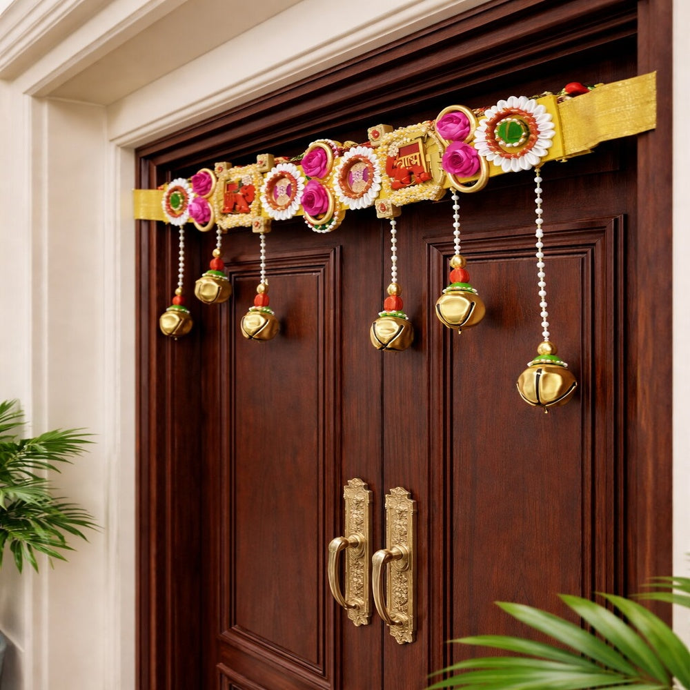 Nutts Decorative Swastik Shubh Labh Wooden Elephnat Ghungroo Bandhanwar For Door Decoration Festival Decoration