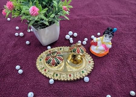 Nutts Decorative Pooja Thali Haldi Kumkum Holder Plate Gifts With Small Lord Set for Sprititual   Home & Office Decoration & Gifting  (PoojaP40-3)