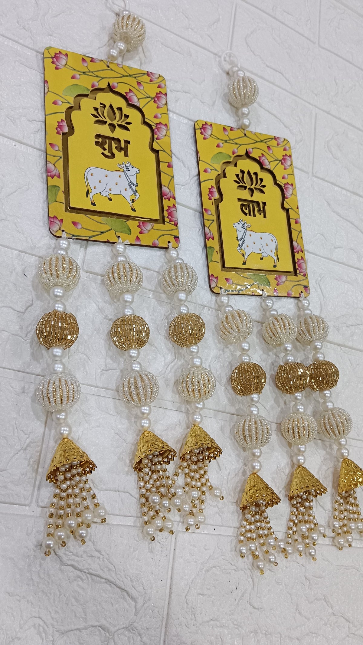 Pichwai Cow Shubh Labh Hanging, Decorative Wall Hanging with Beads Pack of 2 (Yellow) (SAMLL115-3)