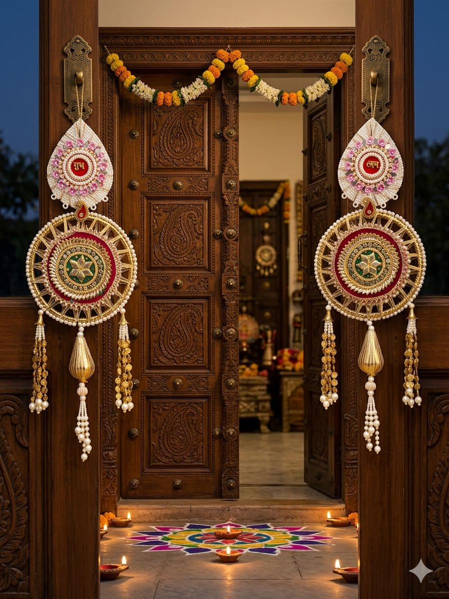 Nutts Shubh Labh Premium Door Hanging Set for Home Décor | Handmade Pearl & Beaded Decorative Hanging with Tassels | Main Door, Entrance, Diwali, Housewarming & Pooja Decoration (Pack of 2) (Small160)