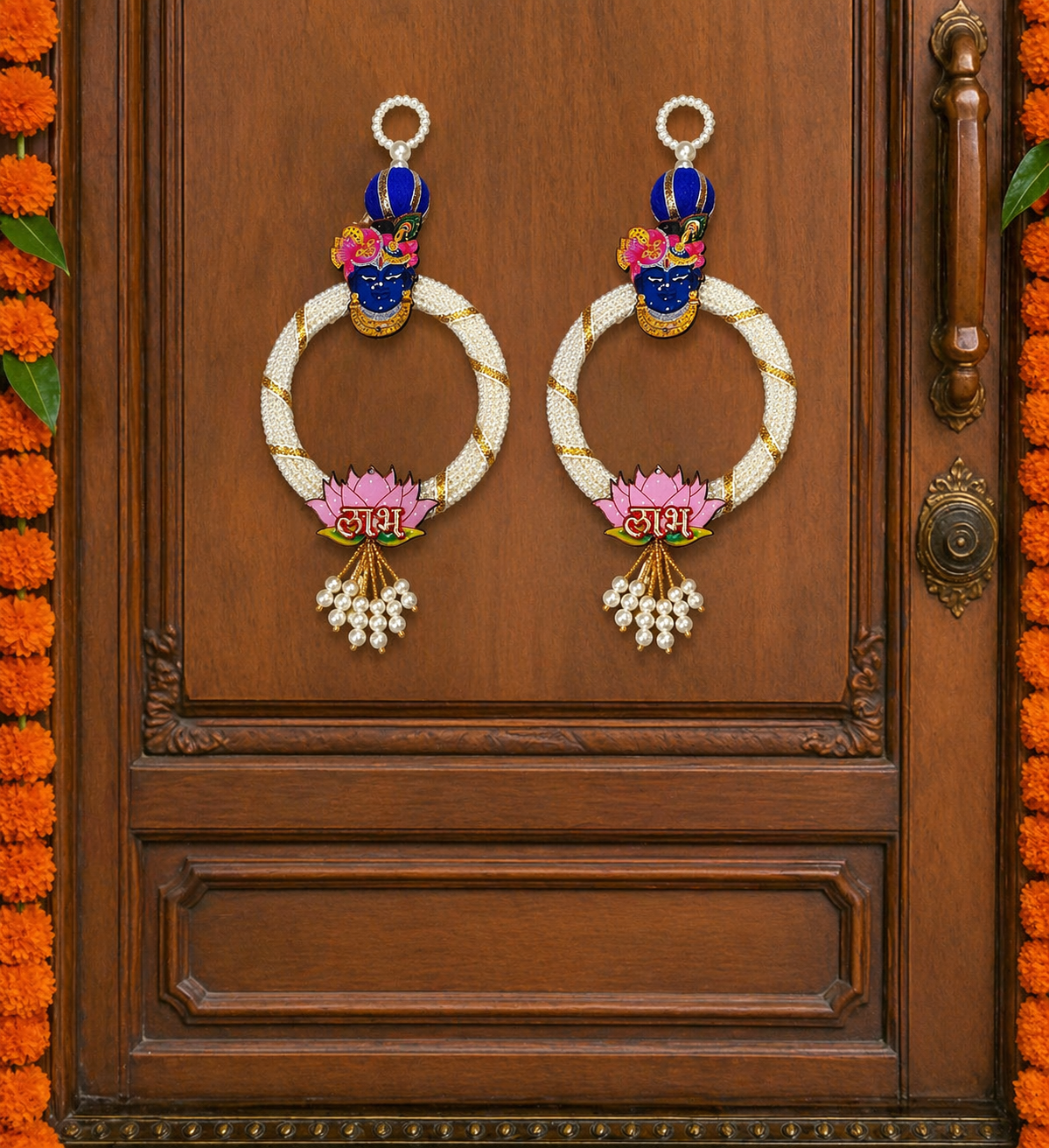 Nutts Decorative Shubh Labh Shrinath Ji Pearl Door Hanging for Home Entrance Mandir Wall Decor Traditional Festive Pooja Hanging Packof 2 (Small173)