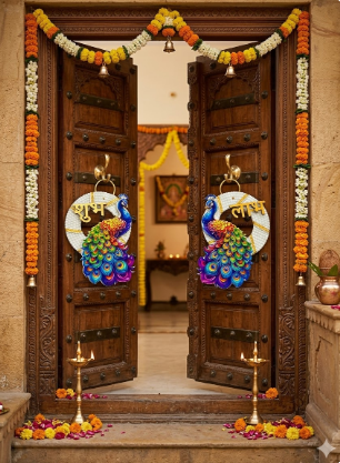 Click to see full view Product Image Product Image Product Image Product Image Nutts Decorative Handmade Traditional Shubh labh Peacock Small Hanging for Decoration Multicolour Hanging Shubh-Labh Toran for Festive Decor (Pack of 2)