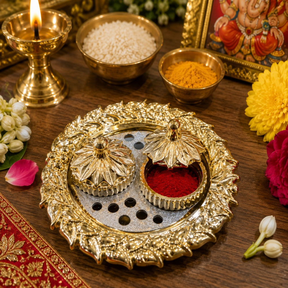 Nutts Decorative Pooja Thali Haldi Kumkum Chandhan Holder Plate Gifts With Small Lord Set for Home & Office Decoration & Gifting (Ganesh Ji) (PoojaP38-1)