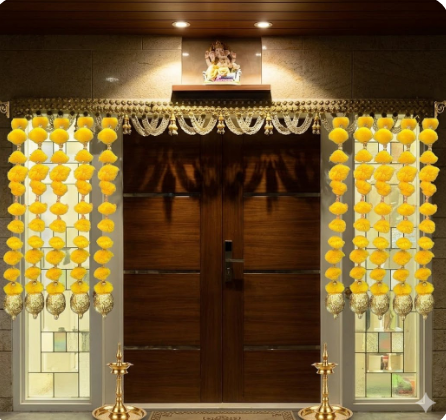 Nutts Handmade Wall Door Pom Pom String with Golden Beads, Ganesha Heads, Garland Bandhwar Decoration Item for Home Décor Diwali Festival, Navratri, Wedding (12 inch 12 Strings) (SMALL82)
