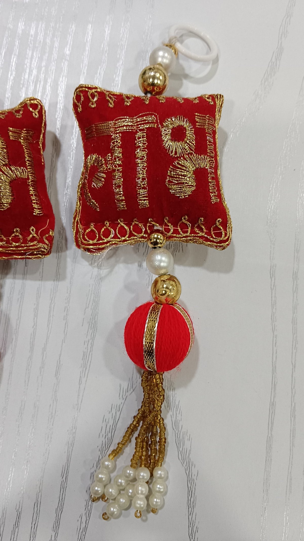 Decorative Shubh Labh Cushion with Gota Balls Latkan Hanging for Home Decor | Traditional Hanging for Main Door/Entrance Pooja Room Festival Items (Pack of 4) SMALL129