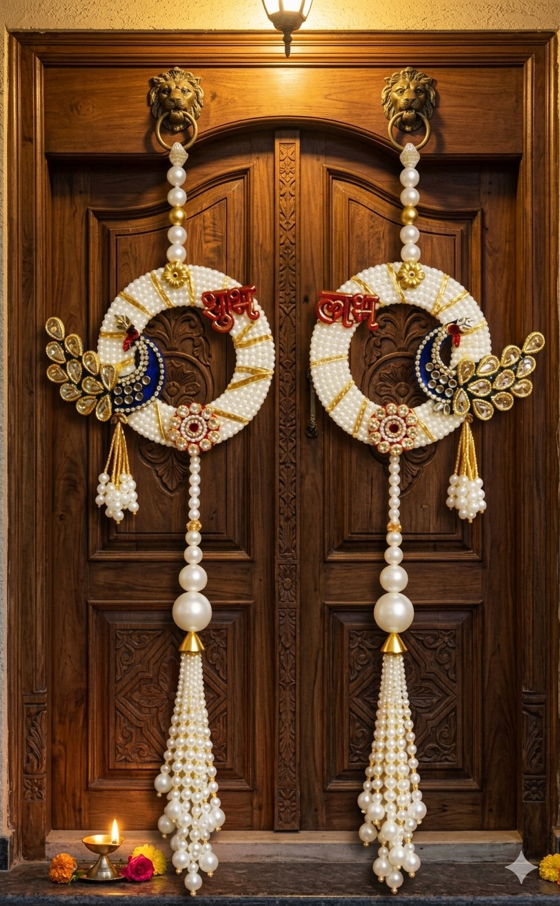 Nutts Decorative Shubh Labh Peacock Pearl Door Hanging Set for Home Entrance Mandir Wall Decor Traditional Festive Pooja Decoration Pack of 2 (SMALL193)