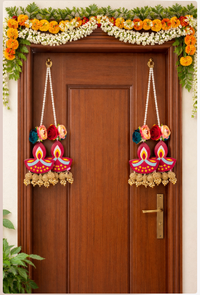 Traditional Diya Hanging with Paper Gajra & Gota Balls Perfect for Celebrations | Decorative Diya Hangings | Diya Hanging with Beads Ball Guccha (Pack of 4)