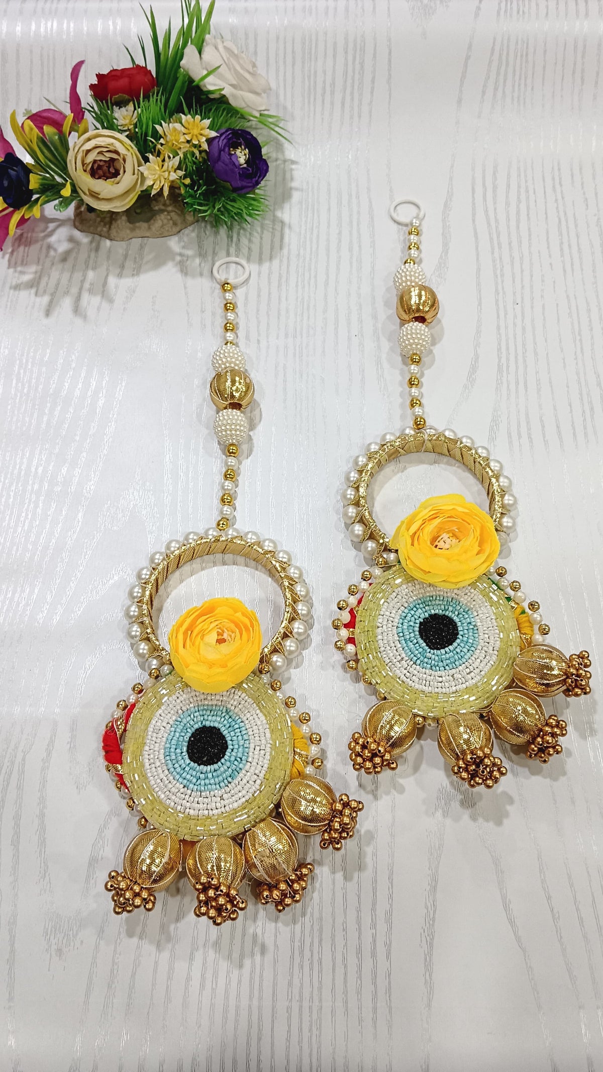 Nutts Handmade Evil Eye Hanging | Traditional Decorative Moti Chudi Florel Evil Eye Hanging for Main Door (Pack of 2)