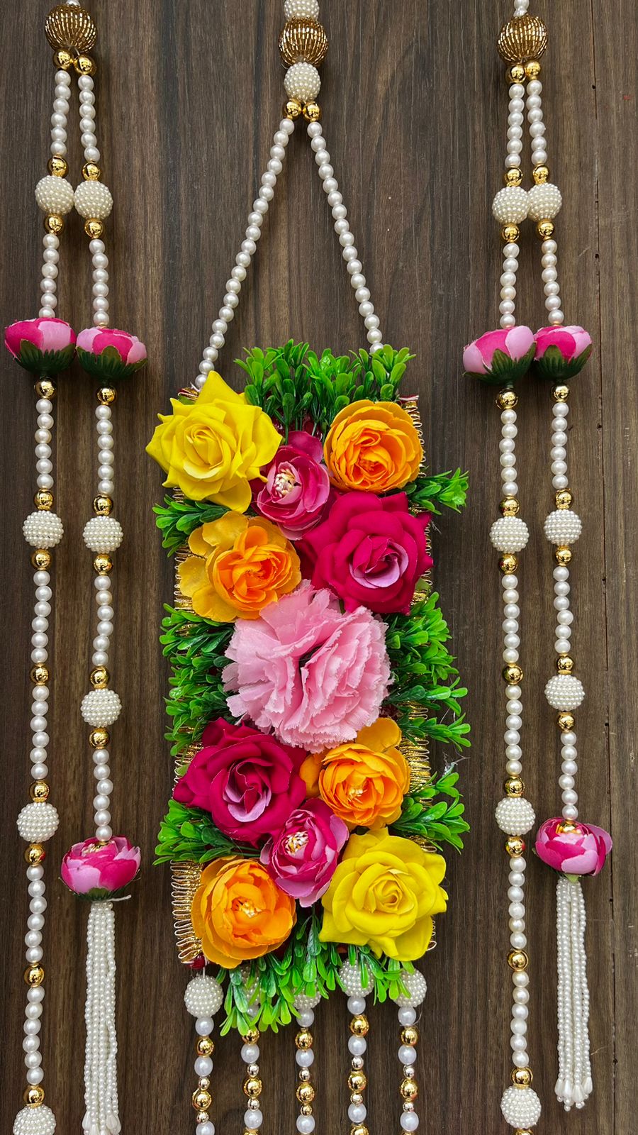 Nutts Handmade Artificial Flower & Beads Wall Hanging Toran | Home Decor Pooja Room Door Hanging Decorative Floral Latkan with Tassel Set of 1 (SMALL101)