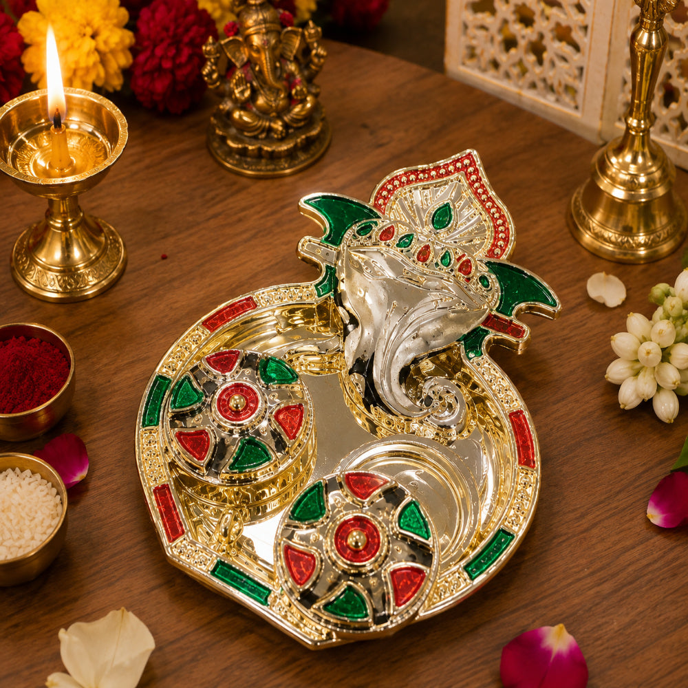 (Combo of 1 Ganesh Tilak Plater & Ganesh Ji) Traditional Pooja Thali, Diwali Decoration Sindoor Dibbi for Rakhi Rakshabandhan, Tilak with Kumkum,Haldi Holder