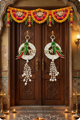 Nutts Handmade Shubh Labh Parrot Door Hanging Decorative | Traditional Pearl Wall Hanging Entrance Decor for Home Festival Decor Pack of 2 (SMALL185)