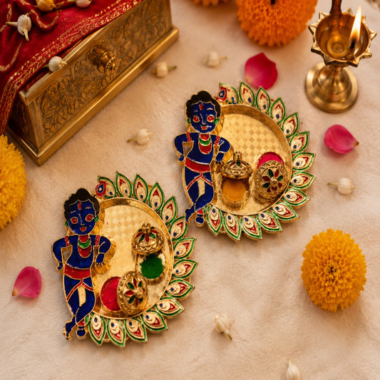 Nutts Traditional Decorative Krishna ji  Pooja Thali for Daily Worship Festival Rituals Temple Home Mandir Spiritual Ceremonies Elegant Handmade(Pack Of 1) (PoojaP43)