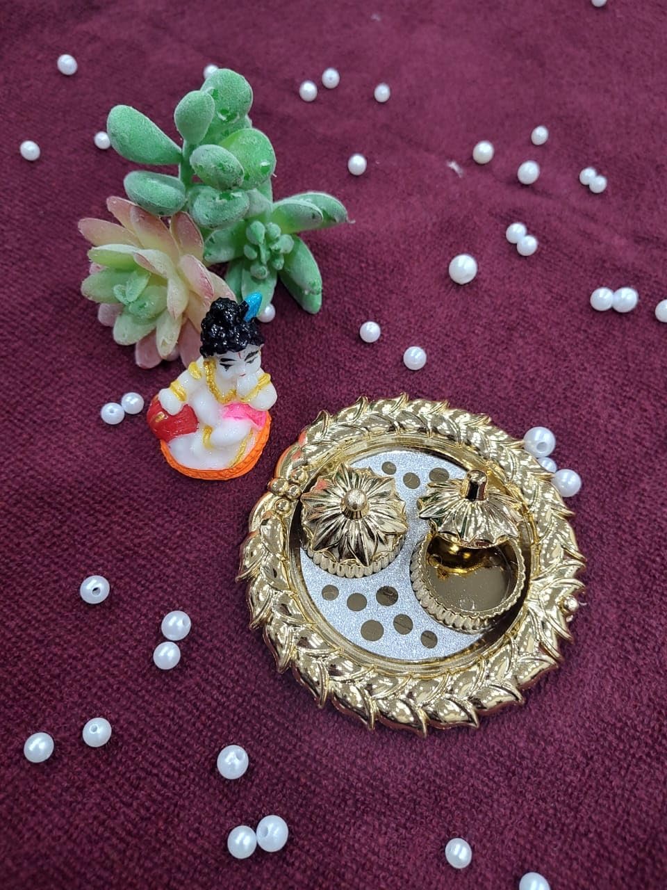 Nutts Decorative Pooja Thali Haldi Kumkum Chandhan Holder Plate Gifts With Small Lord Set for Home & Office Decoration & Gifting  (PoojaP38-2)