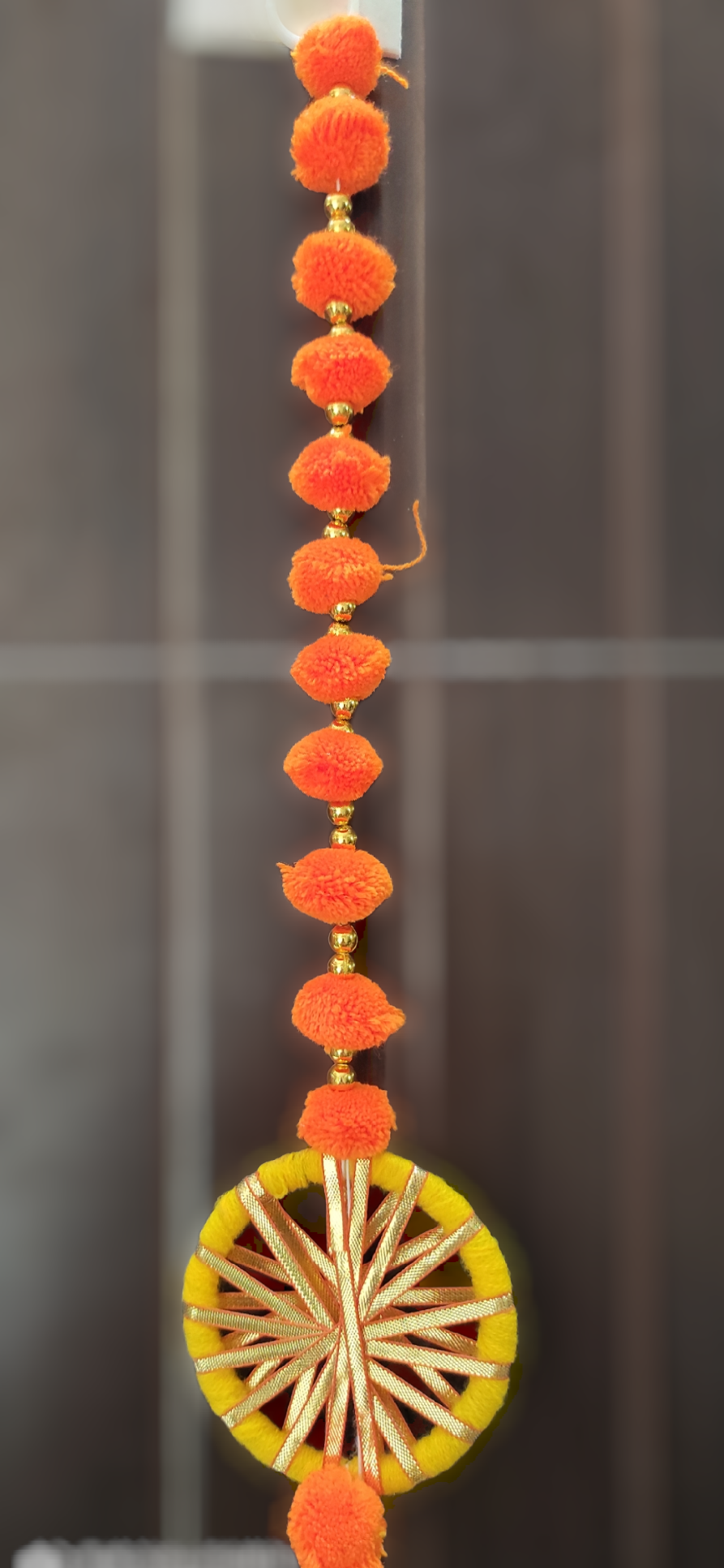 Nutts Handmade Wall Door Pom Pom String with Golden Beads, and Gota Circles Garland Bandhwar Decoration Item for Home Décor Diwali Festival, Navratri, Wedding (12 inch 12 Strings) (SMALL83)