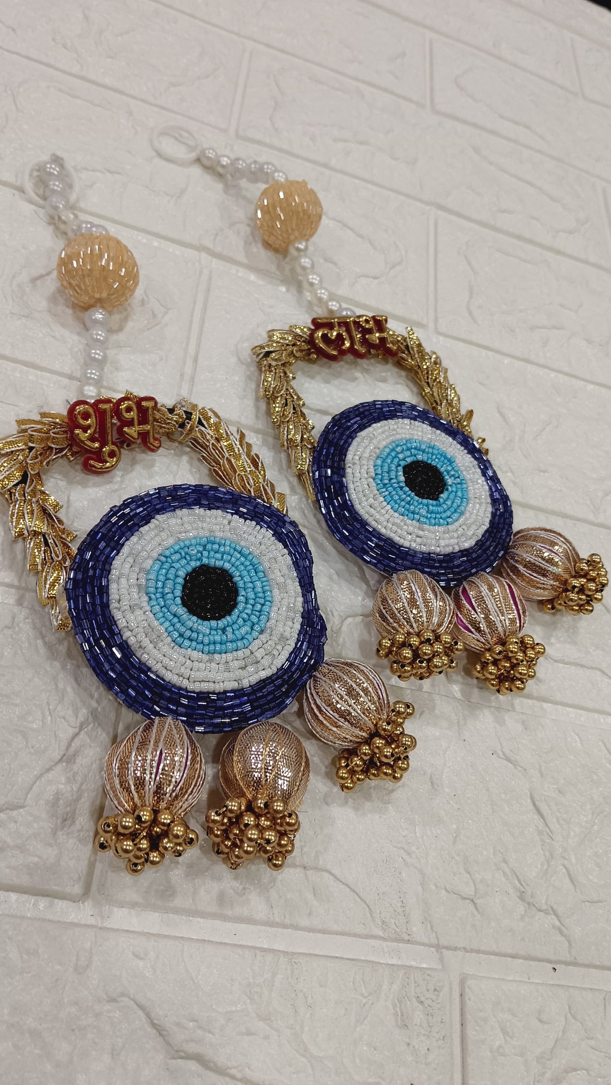 Nutts Handmade Evil Eye Hanging | Traditional Decorative Moti Chudi Florel Evil Eye Hanging for Main Door (Pack of 2 (Blue))