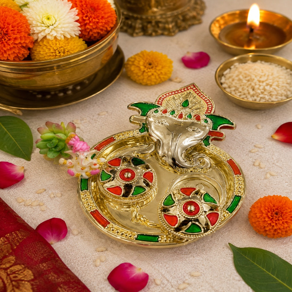 Nutts Decorative Pooja Thali Haldi Roli Chawal Holder Plate Gifts With Small Lord Set for Home & Office Decoration & Gifting (Ganesh Ji ) (PoojaP22-2)