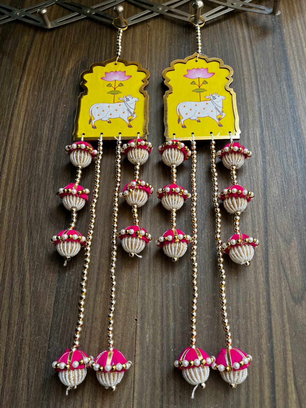 Nutts Handmade Cow Lotus MDF Door Hanging Decorative Latkan | Home Entrance Festival Decoration Pink Beaded Tassel Hanging Pack of 2 (SMALL80-3)