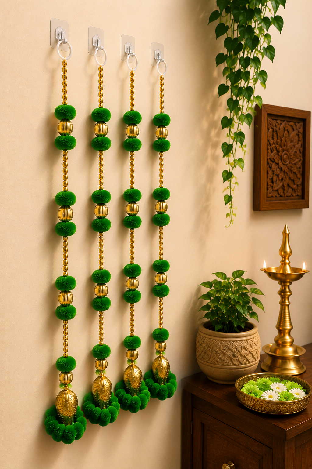 Nutts Handmade Decorative Multicolour Pom-Pom Beads Toran for Decoration | Pom-Pom Beads Bell Toran (PMPMT13-4)