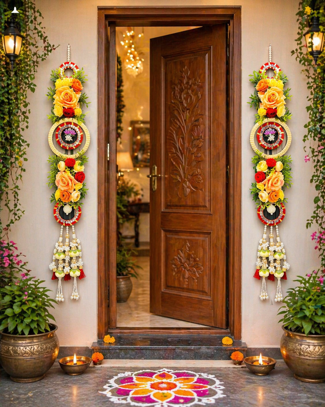 Nutts Premium Artificial Flower Door Hanging Pair with Pearl Tassels & Lotus Design | Handmade Shubh Labh Entrance Decoration | Festive Wall & Main Door Decor (Pack of 2) (Small161)