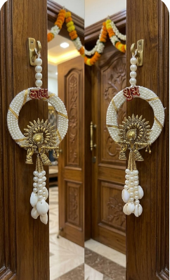 Nutts Decorative Handmade Traditional Brass Flute Small Hanging for Decoration Multicolour Hanging Shubh-Labh Toran for Festive Decor (Pack of 2) (SMALL66)