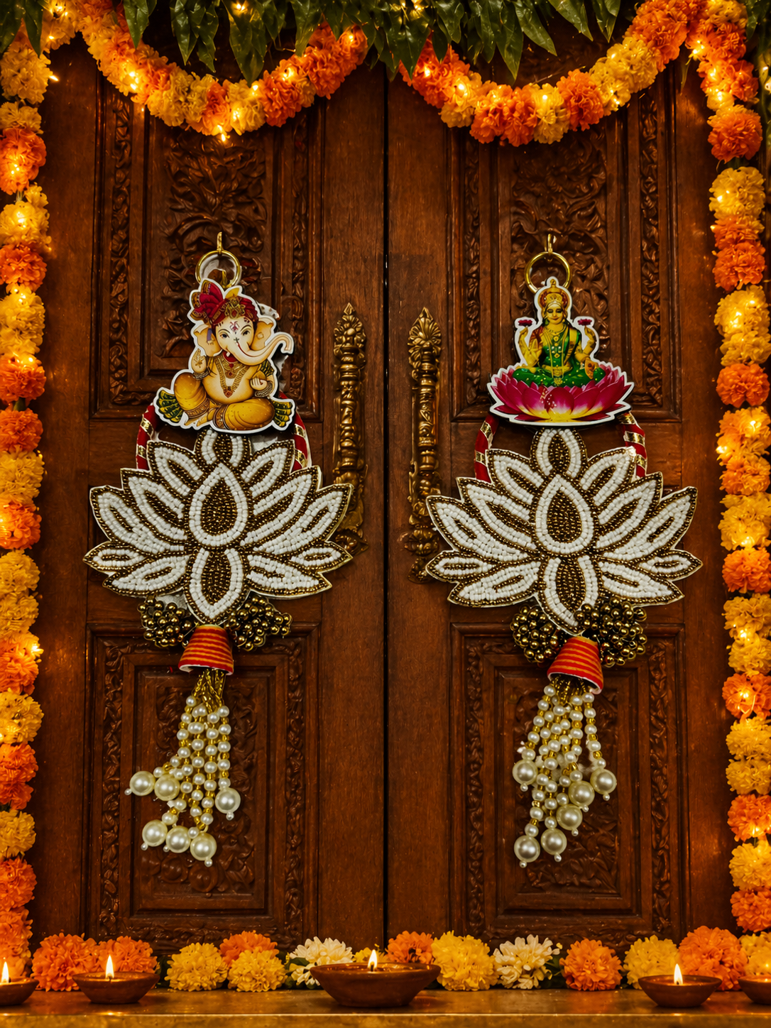 Nutts Decorative Ganesh Lakshmi Pearl Lotus Door Hanging Set for Home Entrance Mandir Wall Decor Diwali Pooja Festival Decoration (Pack of 2) (Small179)