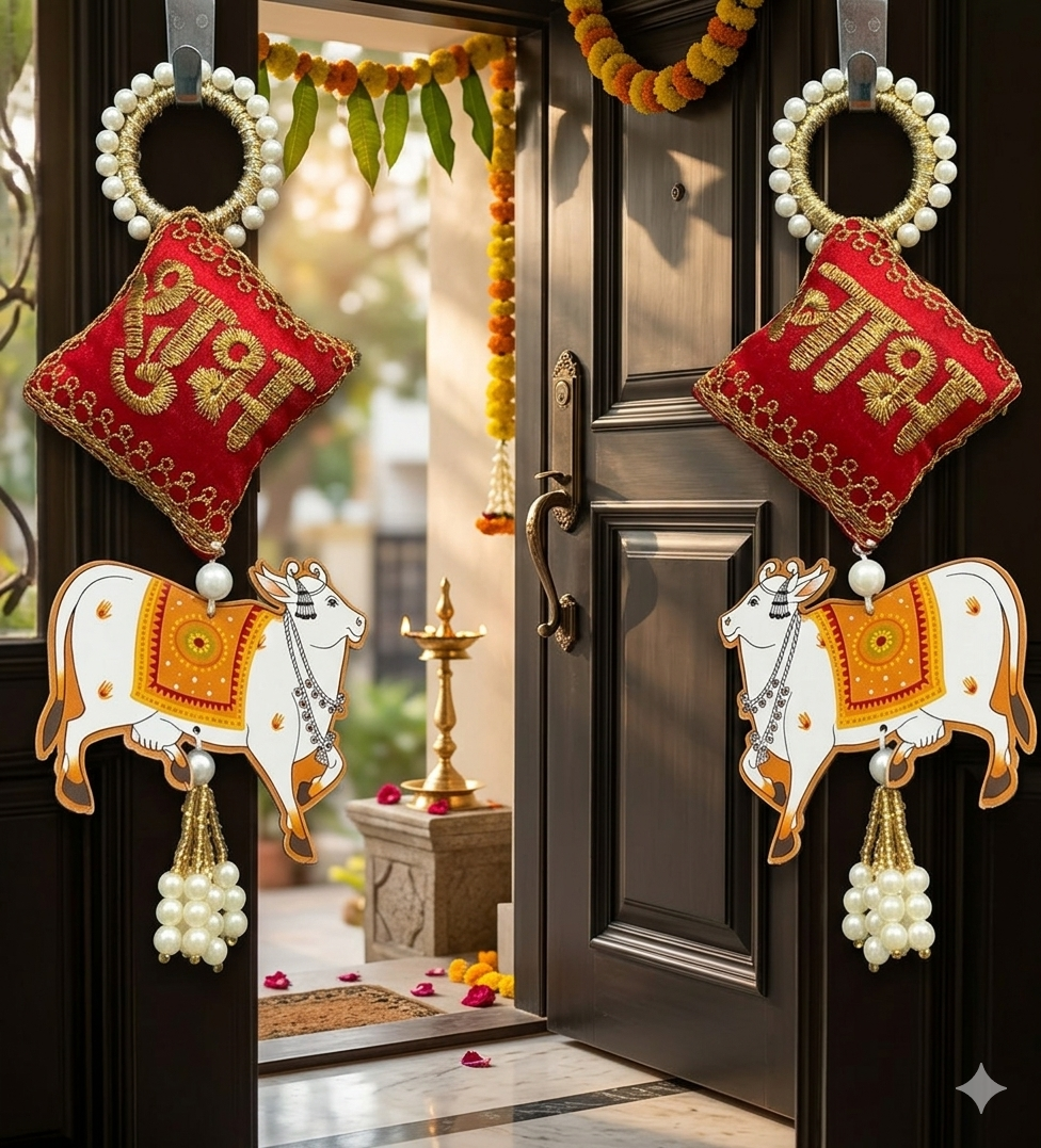 Nutts Decorative Shubh Nandi Cow Pearl Door Hanging Set for Home Entrance Mandir Wall Decor Traditional Pooja Festival Decoration Pack of 2 (Small195)