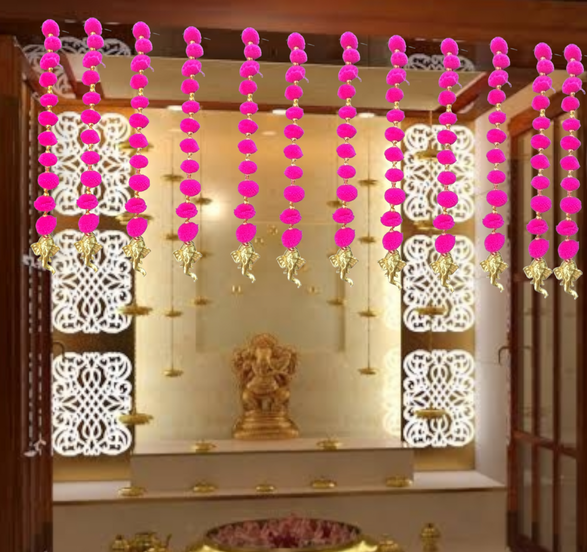 Nutts Handmade Wall Door Pom Pom String with Golden Beads, Ganesha Heads, Garland Bandhwar Decoration Item for Home Décor Diwali Festival, Navratri, Wedding (12 inch 12 Strings) (SMALL84)