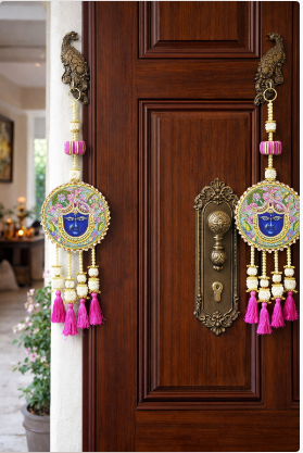 Nutts Handcrafted Shrinath Ji Decorative Door Hanging | Hanging with Pink Tassels Traditional Beaded Latkan for Home Entrance Decoration (Pack of 2)