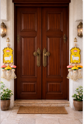 Nutts Handmade Cow Design Lotus MDF Door Hanging | Traditional Decorative Wall Hanging with Pearl Tassels for Home Entrance Festive Decoration (Pack of 2)