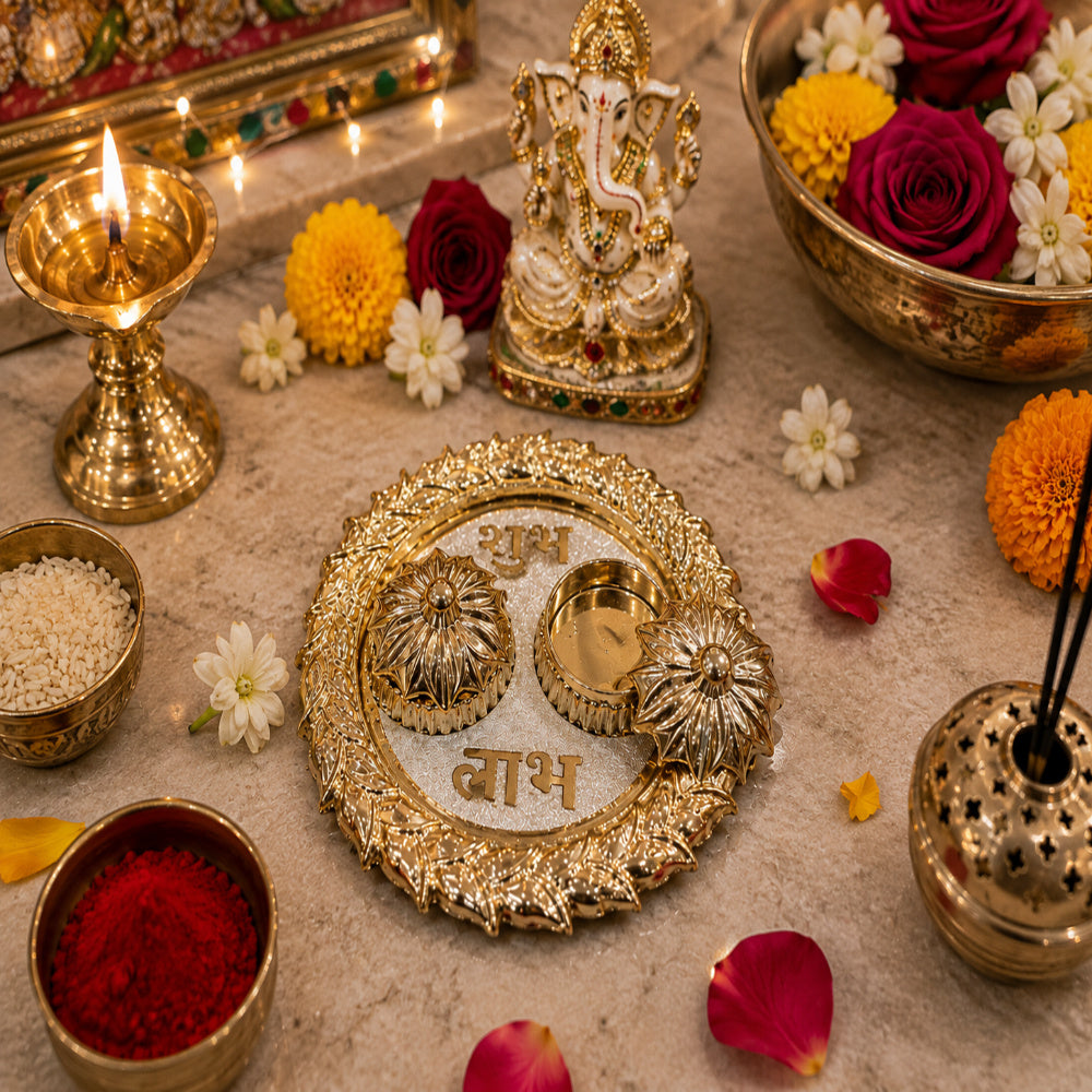 (Combo Of 1 Tilak Plater & Laxmi Ji) Traditional Pooja Thali, Diwali Decoration Sindoor Dibbi For Rakhi Rakshabandhan, Tilak With Kumkum,Haldi Holder Uniqe Decorative Plater