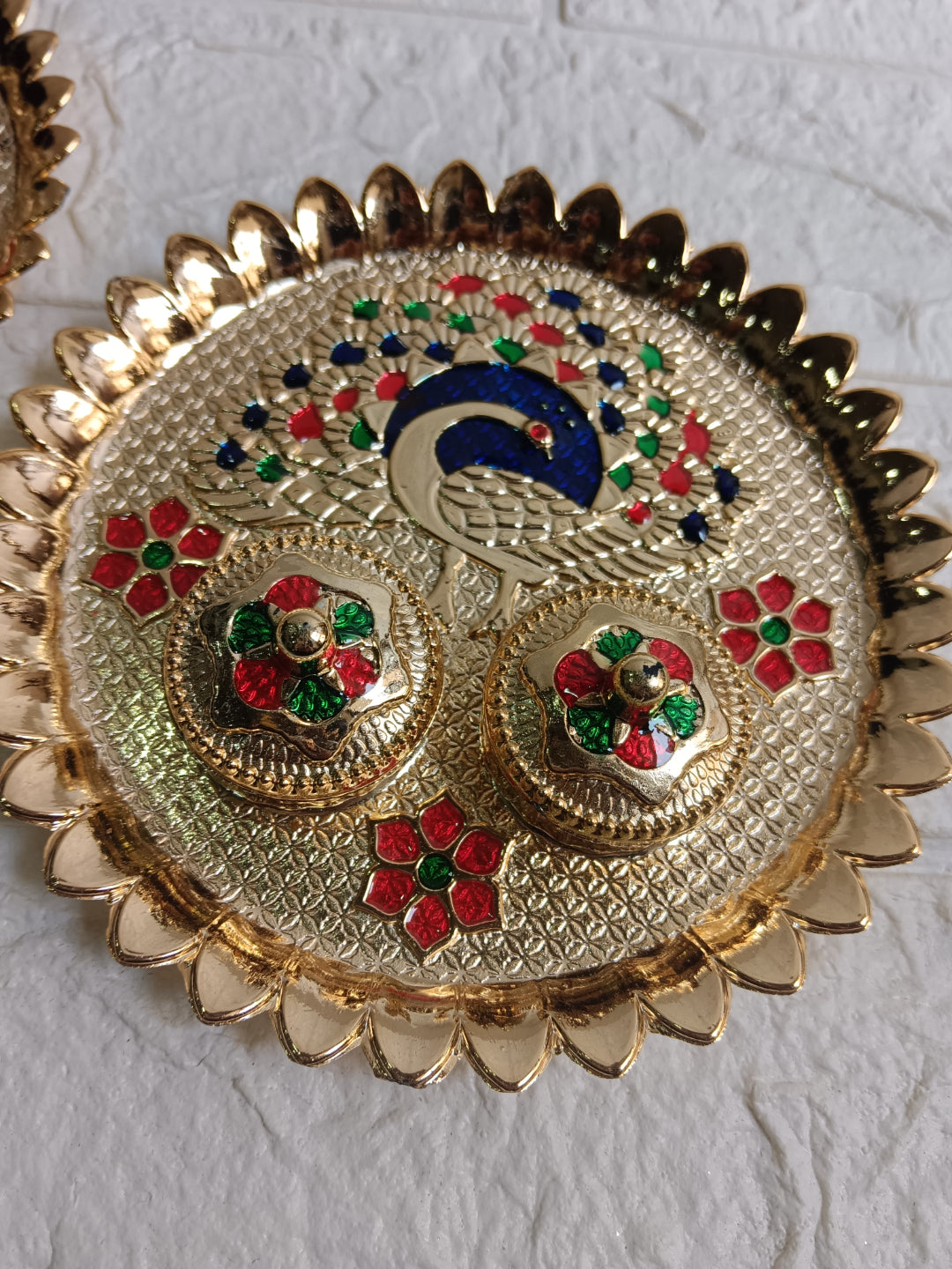 Nutts Decorative Traditional Peacock Pooja Thali with Idol Elegant Festival Prayer Plate for Home Temple Daily Worship Religious Rituals Festive Decoration 1 Plate 1 laksmi ji (PoojaP32-1)
