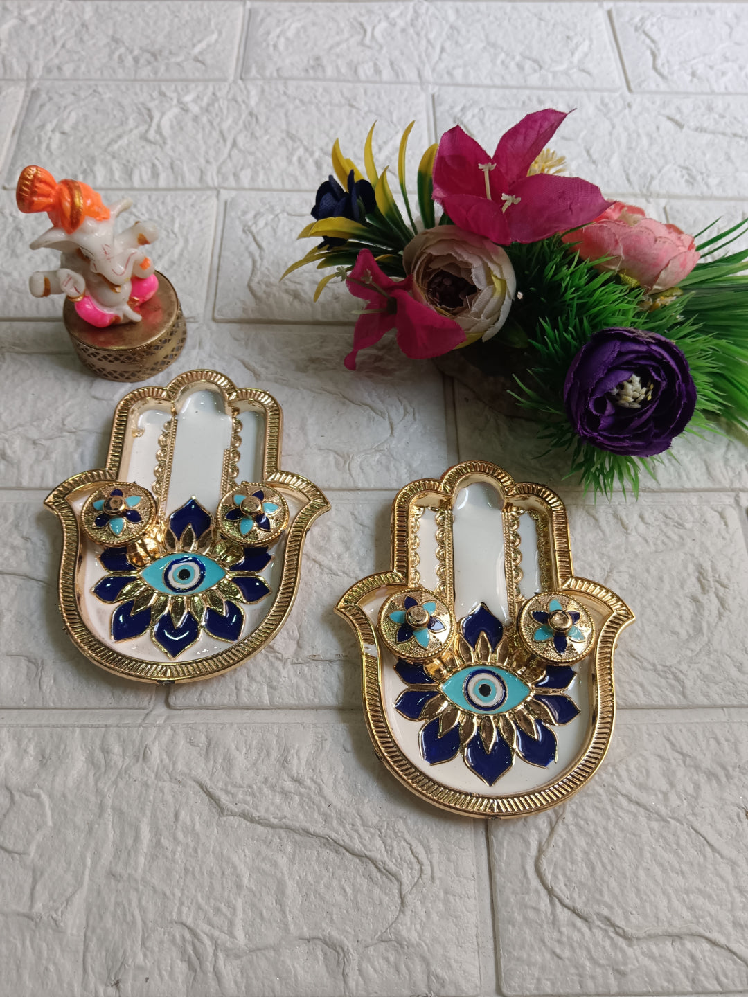 Nutts Decorative Ganesh Ji Pooja Thali hand Shaped EvilEye Traditional Festival Puja Plate for Diwali Navratri Housewarming Temple Rituals Home Decoration (PoojaP28-2)