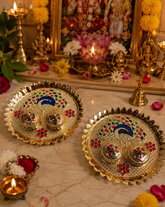 Nutts Decorative Traditional Peacock  Pooja Thali Elegant Festival Prayer Plate for Home Temple Daily Worship Religious Rituals Festive Decoration (PoojaP32-2)