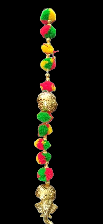 Nutts Handmade Wall Door Pom Pom String with Golden Beads, Ganesha Heads, Garland Bandhwar Decoration Item for Home Décor Diwali Festival, Navratri, Wedding (12 inch 12 Strings) (SMALL85)