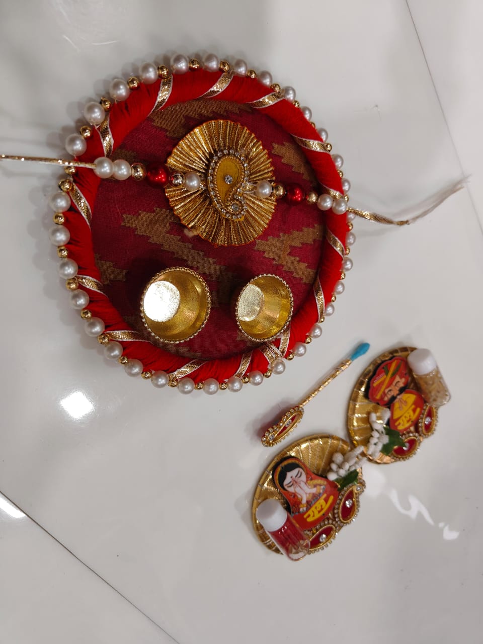 Nutts Designer Rakhi Plate Handmade Raksha Bandhan Thali With Rakhi Ram Ram Ji and Tilak Stick Set (RakhiP02)