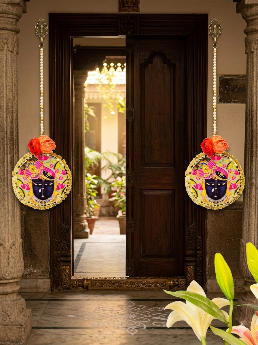 Nutts Handcrafted Shrinathji Wall Hanging | Krishna Decorative Hanging with Pearl String | Pichwai Inspired Home Décor | Temple & Festive Decoration Pack of 2 (Small164)