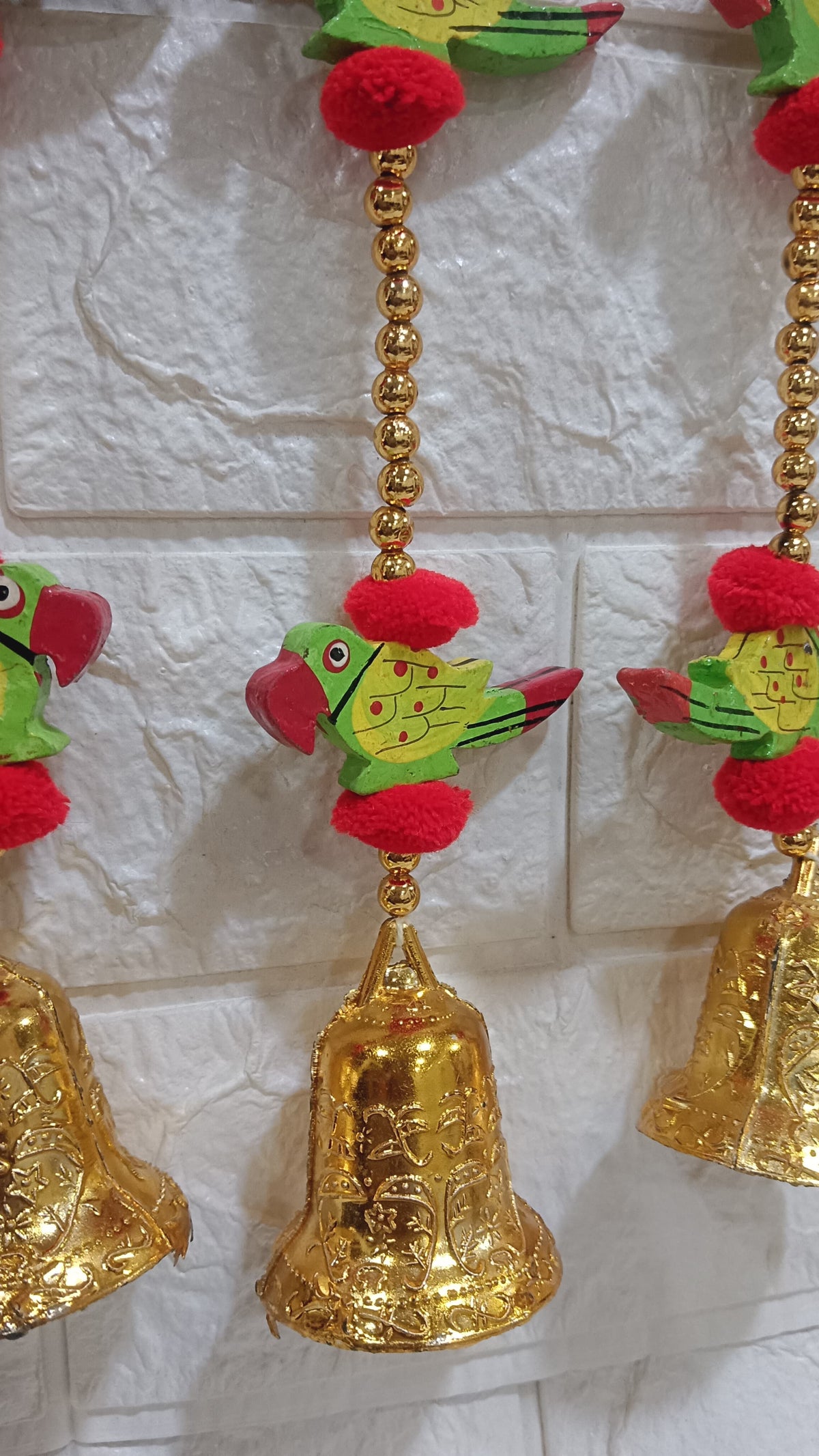 Nutts Handmade Decorative Wooden Parrot Toran | Traditional Pom-Pom Beads Bell Toran | Hanging for Home Entrance and Main Door Decoration (PMPMT101)