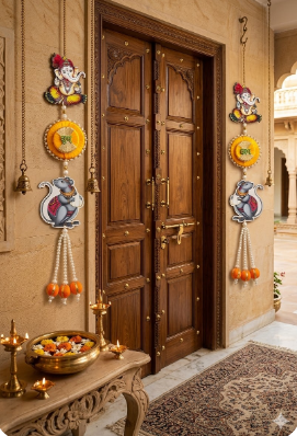 Handmade Shubh Labh Ganesh Ji Door Hanging with Mouse Design | Pearl Tassels Decorative Wall Hanging for Home Decoration Pack of 2 (SMALL74)