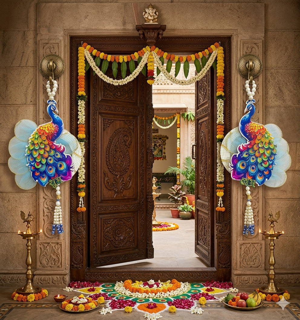 Nutts Shubh Labh Peacock Door Hanging Set for Home Décor | Handmade Peacock Wall Hanging with Pearl Beads & Crystal Tassels (Pack of 2) (Small132)