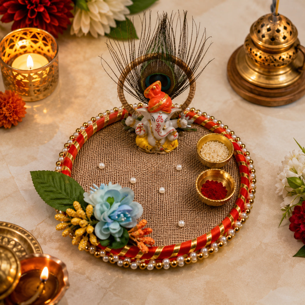 Nutts Traditional Handmade Ganesh ji  Pooja Thali Decorative Prayer Plate for Hindu Festivals Home Temple Decor and Gift (PoojaP46)