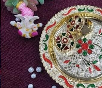 Nutts Decorative Pooja Thali Haldi Kumkum Chandhan Holder Plate Gifts With Small Lord Set for Home & Office Decoration & Gifting (Ganesh Ji) (PoojaP14-3)