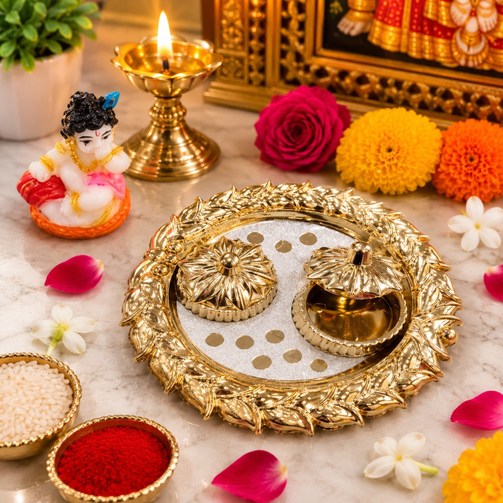 Nutts Decorative Pooja Thali Haldi Kumkum Chandhan Holder Plate Gifts With Small Lord Set for Home & Office Decoration & Gifting  (PoojaP38-2)
