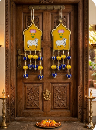 Cow Painting Latkan Hanging Diwali Decorations Wall Door Hanging Toran for Door Rajasthani Home Living Room Decoration (Pack of 2)