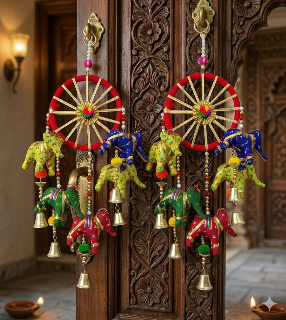Nutts Handcrafted Rajasthani Elephant Door Hanging Toran with Bells & Decorative Wheel Wall Hanging | Traditional Indian Home Décor for Entrance, Festival & Housewarming Gift (Pack of 2) (Small163)