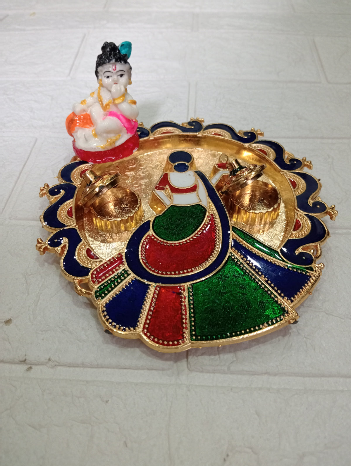 Nutts Decorative Traditional  Brass Pooja Thali for Daily Worship Festival Celebration Temple Home Mandir Diwali Navratri Karwa Chauth Elegant Prayer (PoojaP35-4)