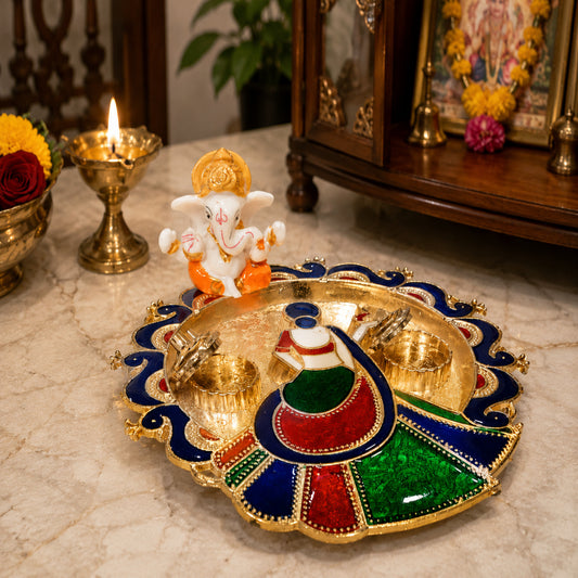 Nutts Decorative Traditional Pooja Thali for Daily Worship Festival Celebration Temple Home Mandir Diwali Navratri Karwa Chauth Elegant Prayer (PoojaP35-1)