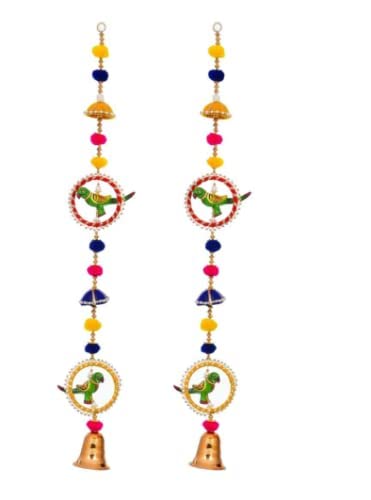 Nutts Handmade Decorative Multicolour Pom-Pom Toran | Traditional Wooden Parrot Beads Bell Toran | Hanging for Home Entrance and Main Door Decoration (PMPMT127)